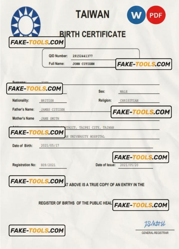 Taiwan vital record birth certificate Word and PDF template, completely editable