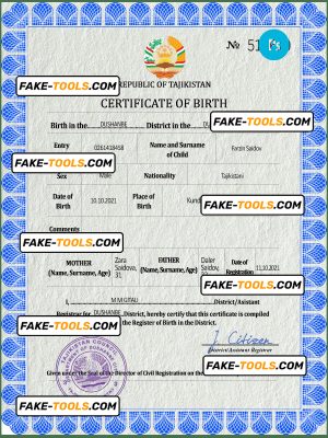 Tajikistan vital record birth certificate PSD template