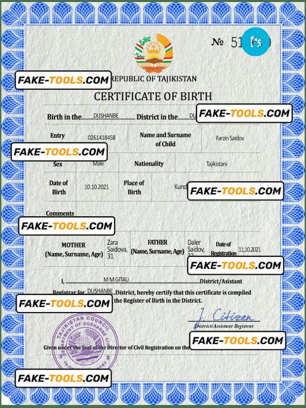 Tajikistan vital record birth certificate PSD template