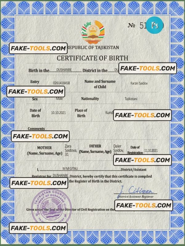 Tajikistan vital record birth certificate PSD template