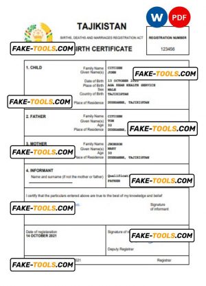 Tajikistan vital record birth certificate Word and PDF template, completely editable