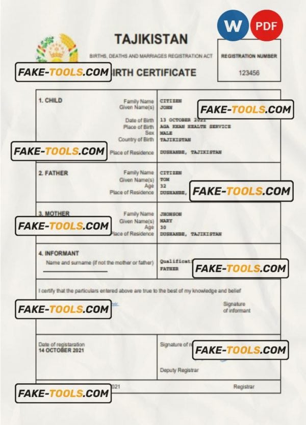 Tajikistan vital record birth certificate Word and PDF template, completely editable