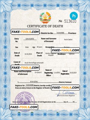 Tajikistan vital record death certificate PSD template, completely editable