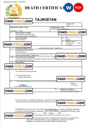 Tajikistan vital record death certificate Word and PDF template