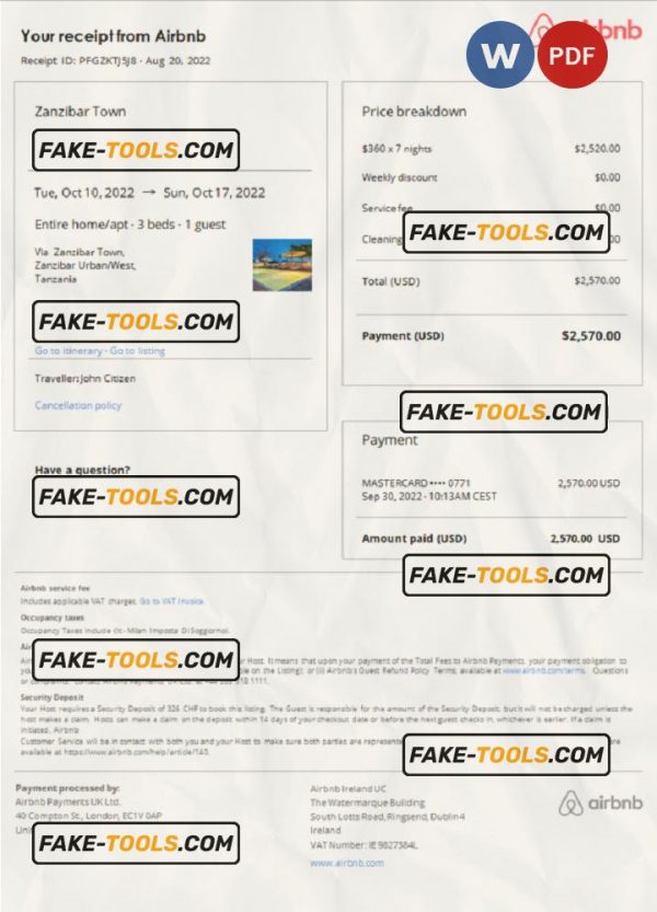 Tanzania Airbnb booking confirmation Word and PDF template scan effect