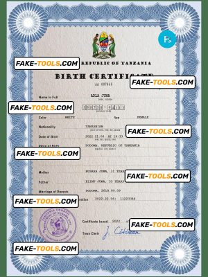 Tanzania birth certificate PSD template, completely editable