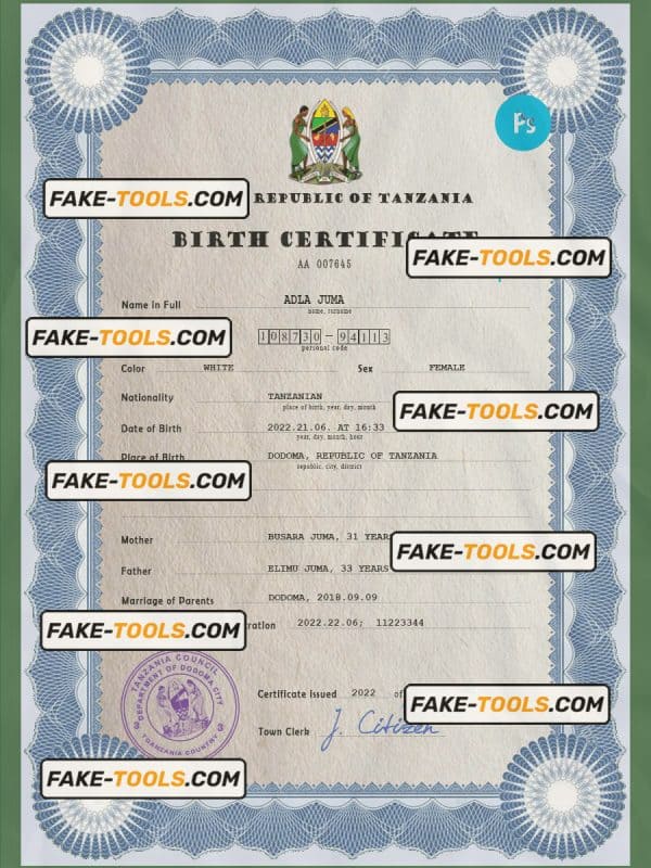Tanzania birth certificate PSD template, completely editable