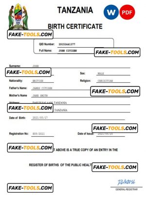 Tanzania birth certificate Word and PDF template, completely editable