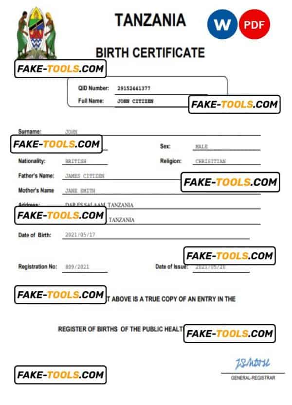 Tanzania birth certificate Word and PDF template, completely editable
