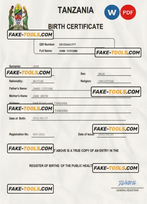 Tanzania birth certificate Word and PDF template, completely editable