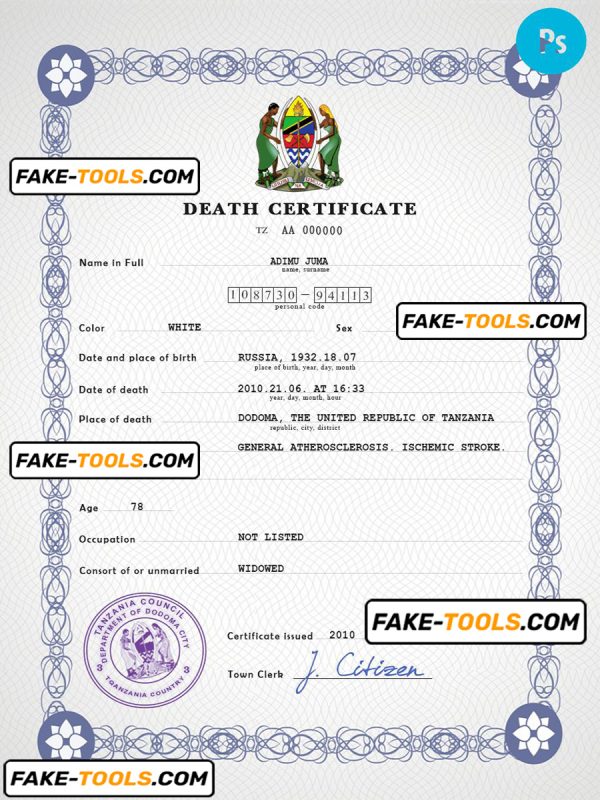 Tanzania vital record death certificate PSD template, fully editable