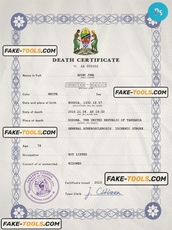 Tanzania vital record death certificate PSD template, fully editable