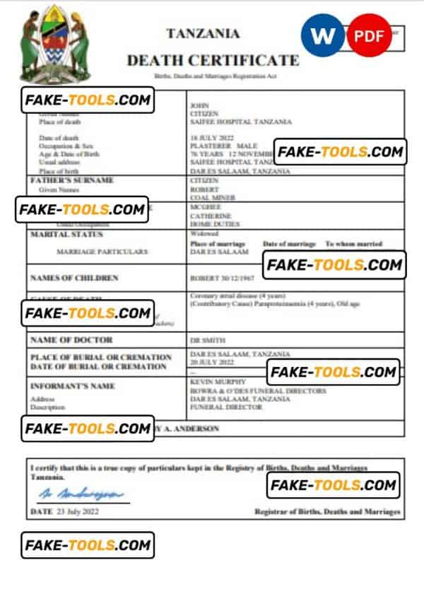 Tanzania vital record death certificate Word and PDF template