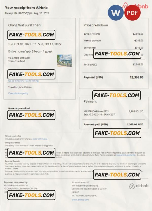 Thailand Airbnb booking confirmation Word and PDF template scan effect