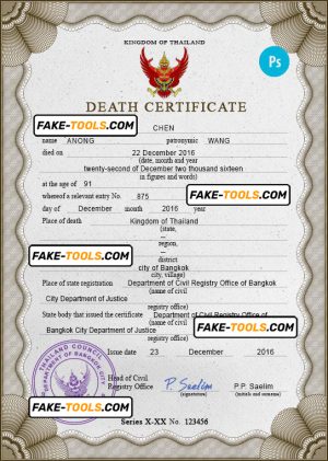 Thailand death certificate PSD template, completely editable
