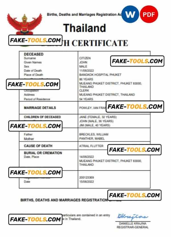 Thailand death certificate Word and PDF template, completely editable