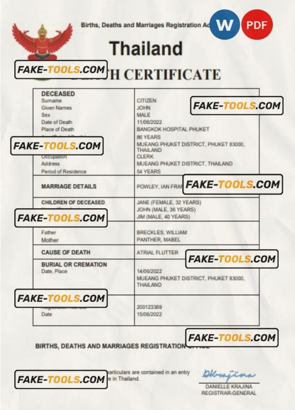 Thailand death certificate Word and PDF template, completely editable
