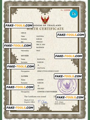 Thailand vital record birth certificate PSD template, fully editable
