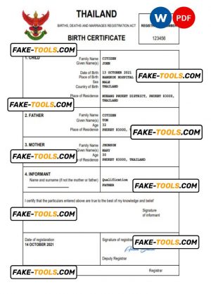 Thailand vital record birth certificate Word and PDF template, completely editable