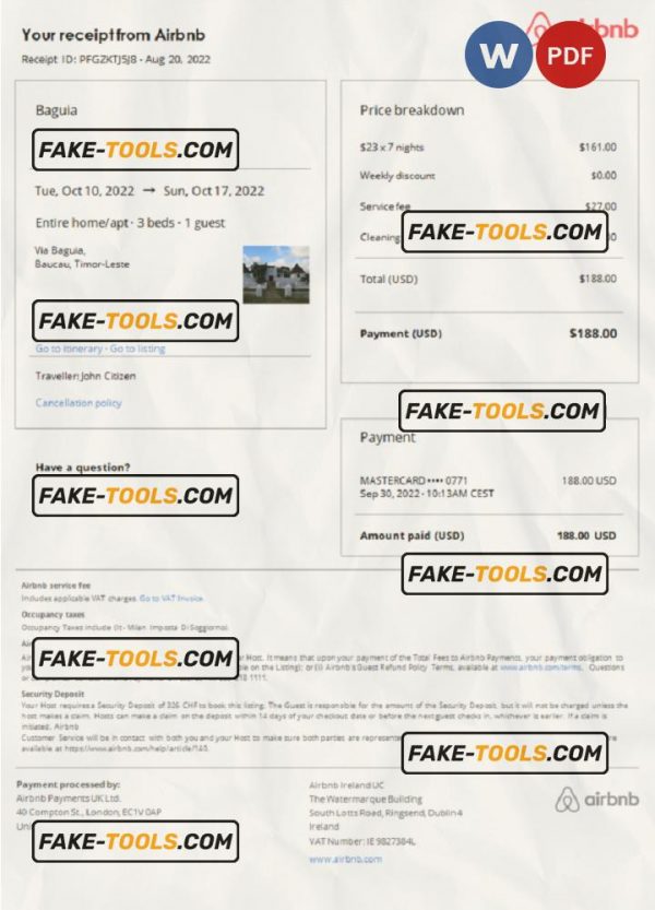 Timor Leste Airbnb booking confirmation Word and PDF template scan effect