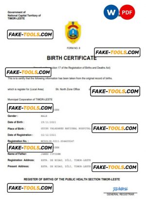 Timor-Leste birth certificate Word and PDF template, completely editable