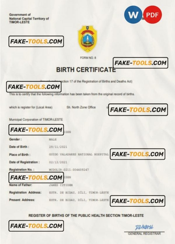 Timor-Leste birth certificate Word and PDF template, completely editable