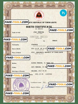 Timor-Leste vital record birth certificate PSD template