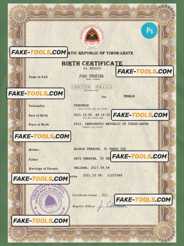Timor-Leste vital record birth certificate PSD template