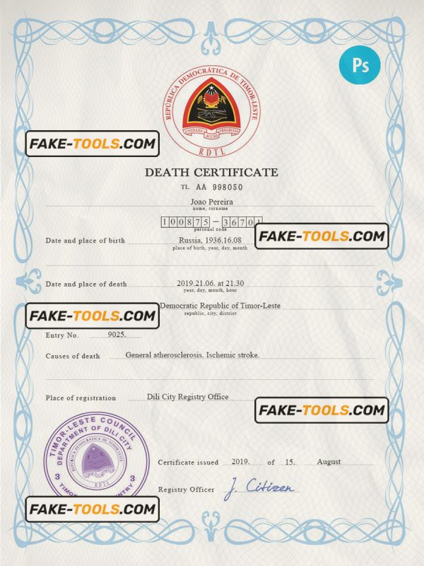 Timor-Leste vital record death certificate PSD template