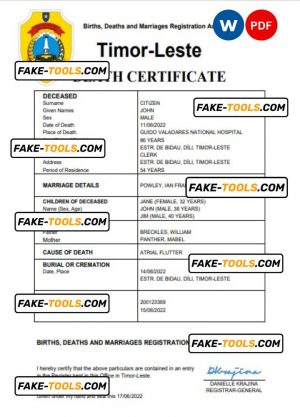 Timor-Leste vital record death certificate Word and PDF template