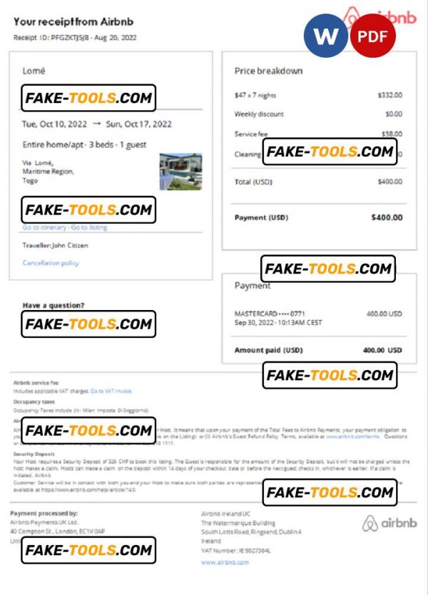 Togo Airbnb booking confirmation Word and PDF template