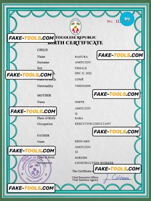 Togo birth certificate PSD template, completely editable