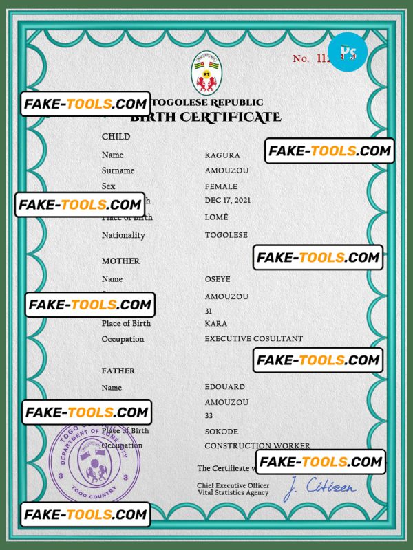 Togo birth certificate PSD template, completely editable