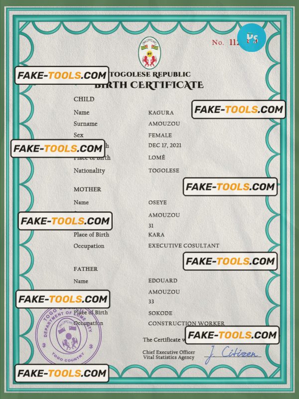 Togo birth certificate PSD template, completely editable