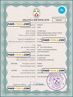 Togo death certificate PSD template, completely editable
