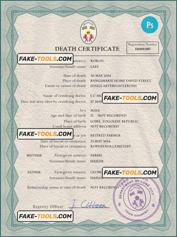 Togo death certificate PSD template, completely editable