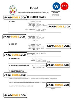 Togo vital record birth certificate Word and PDF template, completely editable