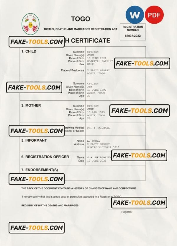 Togo vital record birth certificate Word and PDF template, completely editable