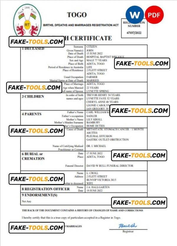 Togo vital record death certificate Word and PDF template
