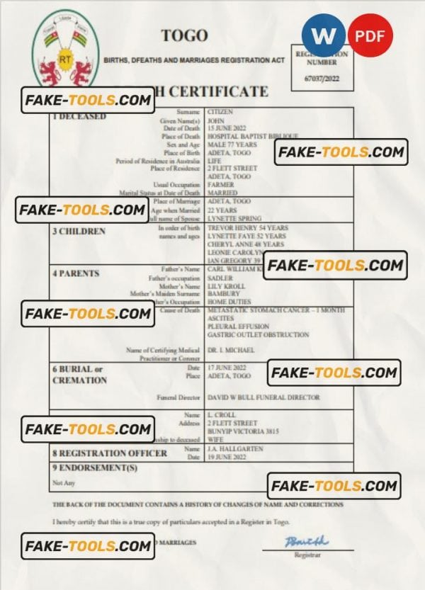 Togo vital record death certificate Word and PDF template