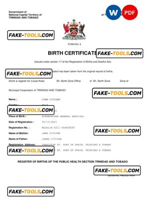 Trinidad & Tobago birth certificate Word and PDF template, completely editable