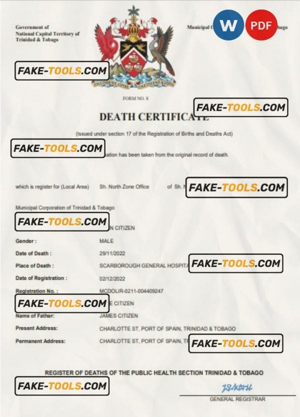 Trinidad and Tobago death certificate Word and PDF template, completely editable