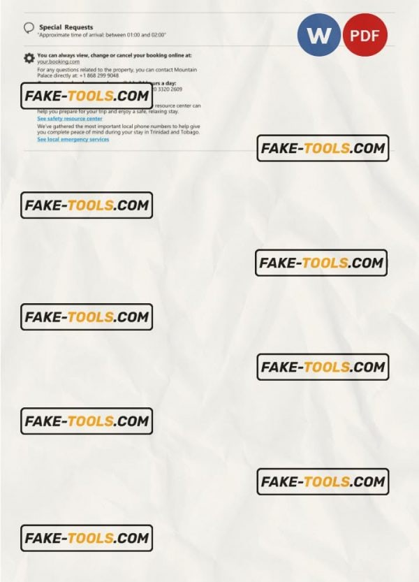 Trinidad and Tobago hotel booking confirmation Word and PDF template, 2 pages