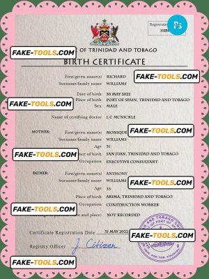 Trinidad and Tobago vital record birth certificate PSD template, fully editable