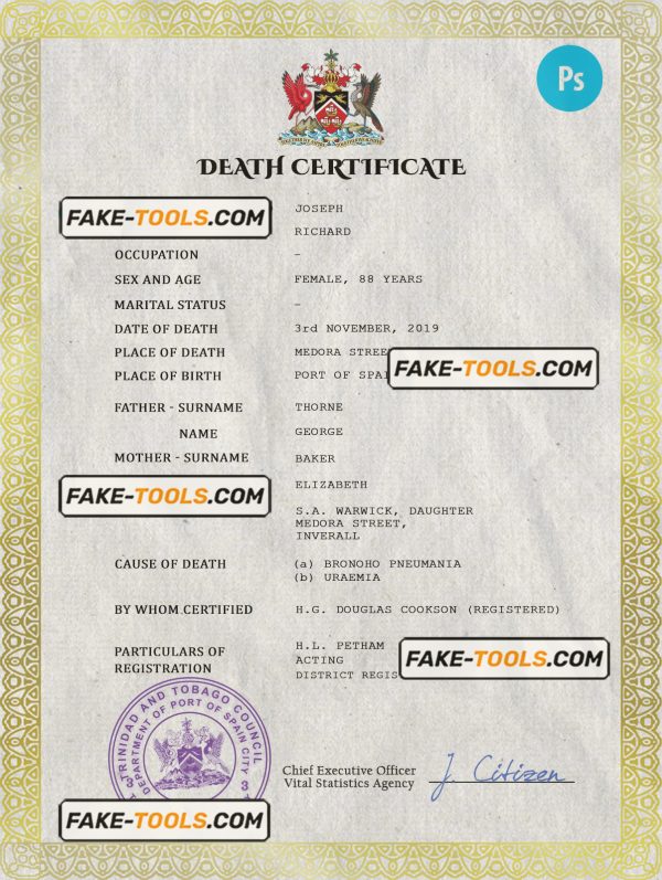 Trinidad and Tobago vital record death certificate PSD template, completely editable