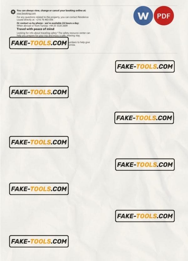 Tunisia hotel booking confirmation Word and PDF template, 2 pages