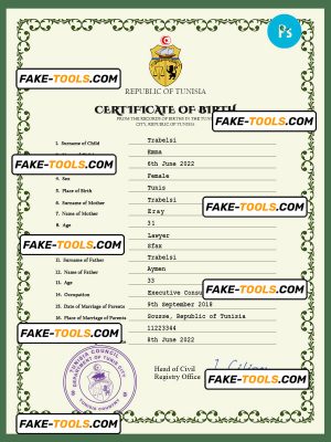 Tunisia vital record birth certificate PSD template