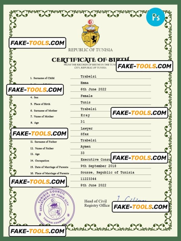 Tunisia vital record birth certificate PSD template