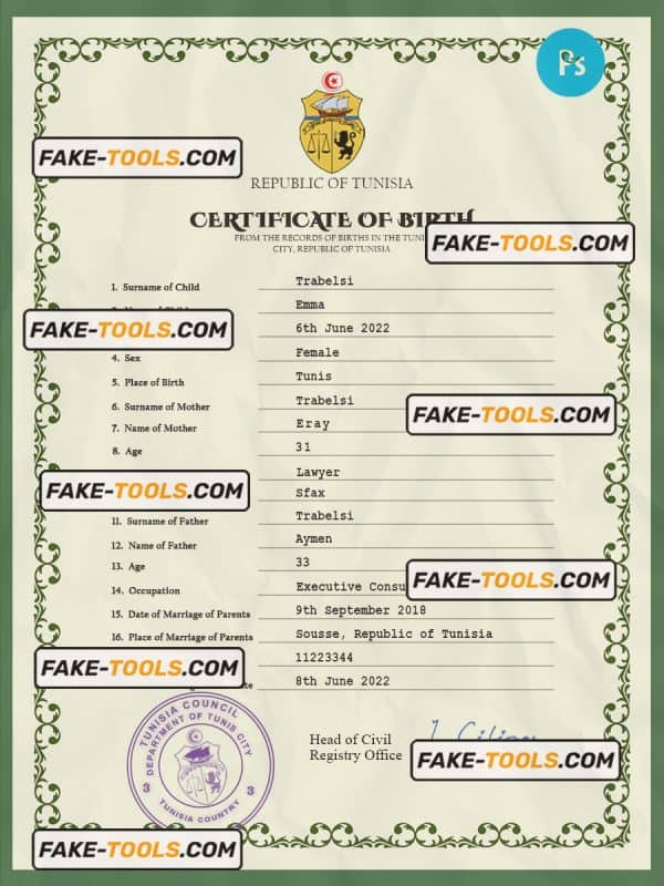 Tunisia vital record birth certificate PSD template