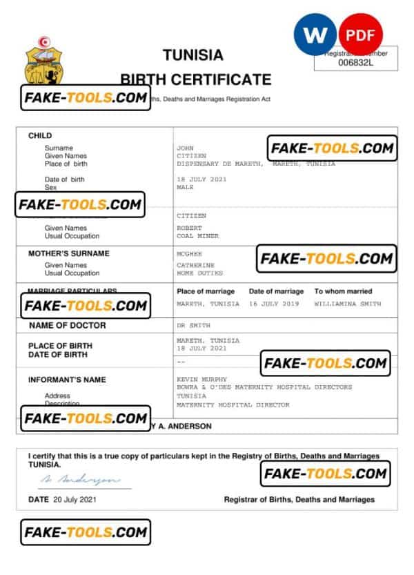 Tunisia vital record birth certificate Word and PDF template, completely editable